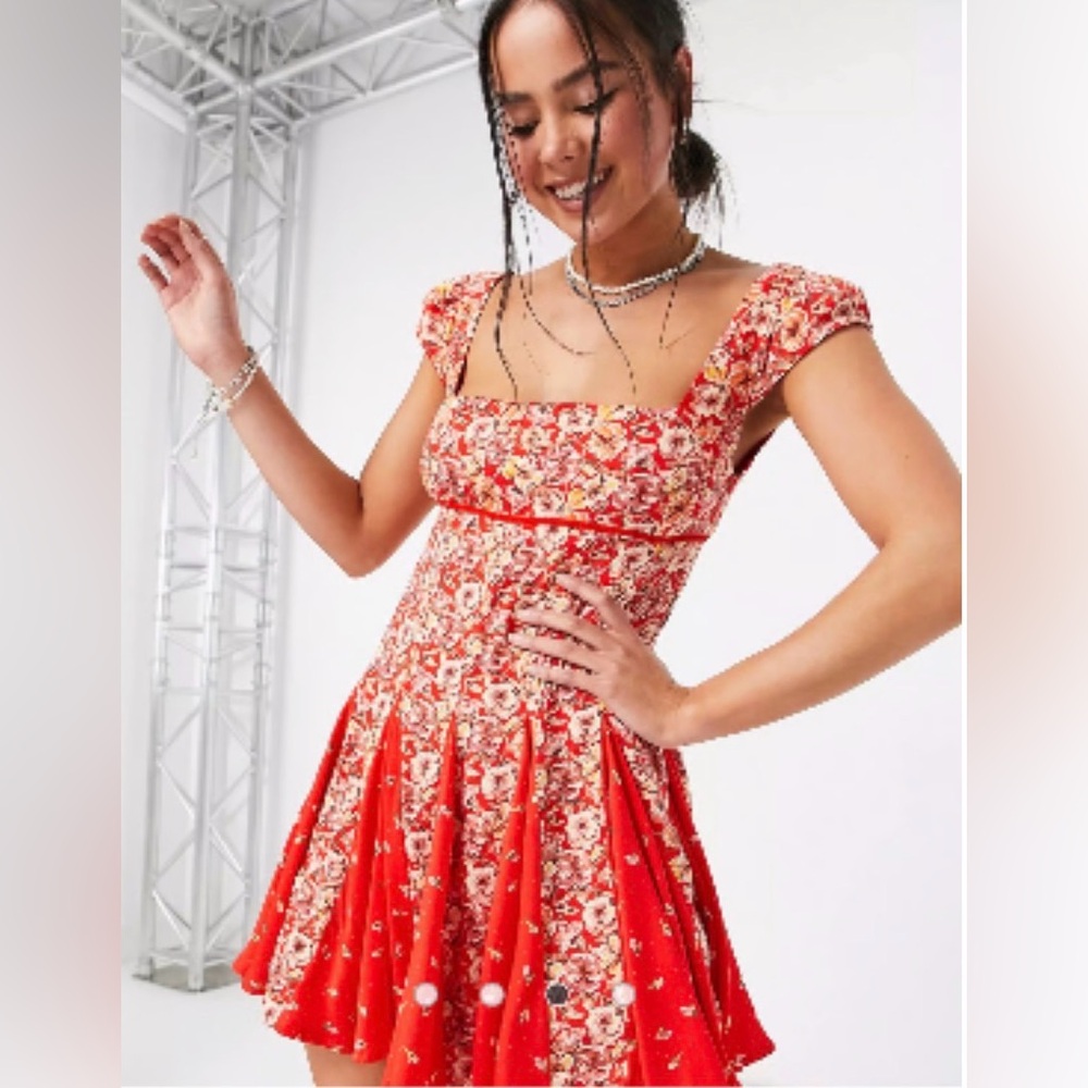 Free People Red Floral Square-Neck Fit & Flare Dress Medium NWT